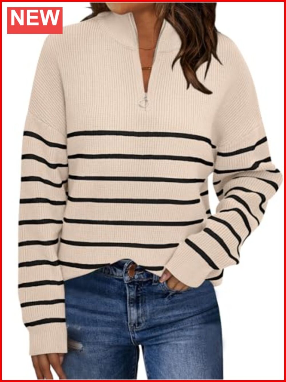 Womens Quarter Zip Striped Oversized Fall Sweater Ribbed Knit Pullover